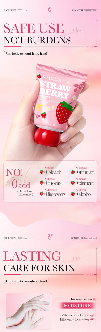 Strawberry VC Hand Cream - 30g Brightening Moisturizer for Winter, Repairs Dry Cracked Skin, Lightweight Fast Absorbing Formula