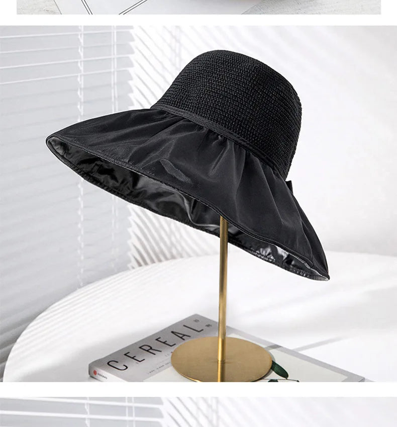 Summer Sun hat women's straw woven anti ultraviolet 2025 with big brim seaside black glue breathable Bucket hat umbrella hat