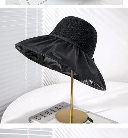 Summer Sun hat women's straw woven anti ultraviolet 2025 with big brim seaside black glue breathable Bucket hat umbrella hat