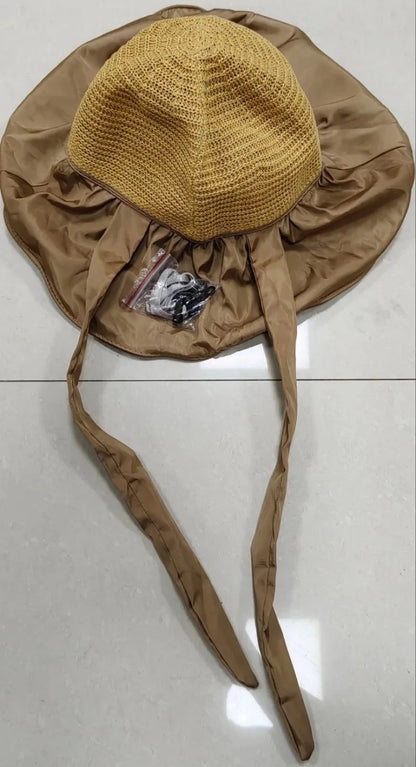 Summer Sun hat women's straw woven anti ultraviolet 2025 with big brim seaside black glue breathable Bucket hat umbrella hat