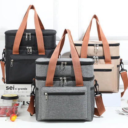Thermal Lunch Bag Double Layers Large Capacity Lunch Boxes Bags Portable Crossbody Picnic Food Drink Storage Bag Cooler Tote New