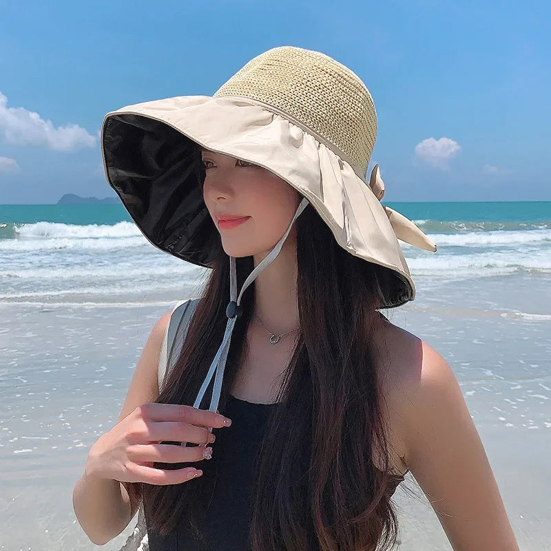 Summer Sun hat women's straw woven anti ultraviolet 2025 with big brim seaside black glue breathable Bucket hat umbrella hat