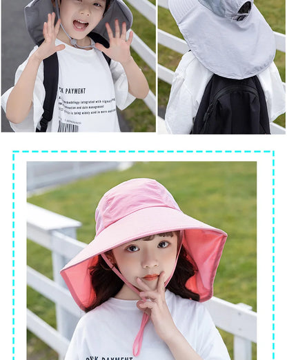Kids Sun Hat with Neck Flap UV Protection Summer Toddler Beach Hat Unisex Ponytail Hat Wide Brim Fishing Hat