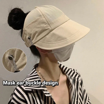 1× Foldable Wide Brim Ponytail Sun Hat Summer Autumn Outgoing UV Protection Bucket Hat for Women Fisherman Caps with Mask Button