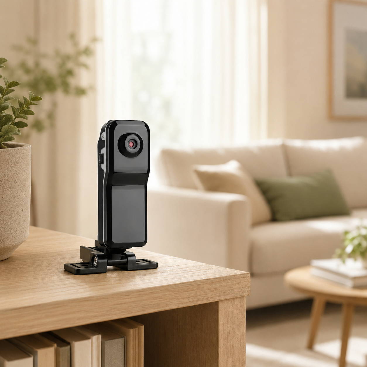 A black compact action camera mounted on a small black stand, placed on a light wood table in a softly blurred living room with a sofa and plants in the background.