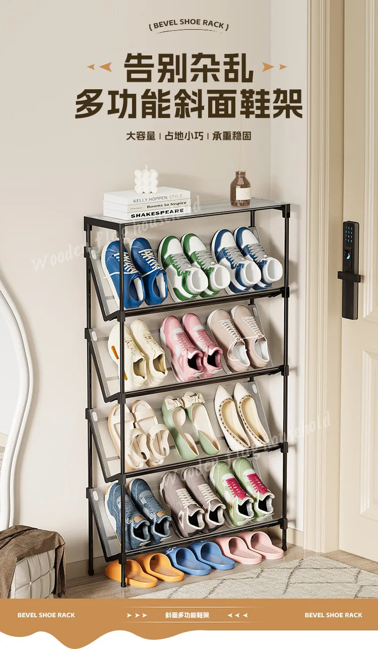 New simple multi-layer inclined dustproof shoe rack. Space saving home door step shoe cabinet, easy to assemble