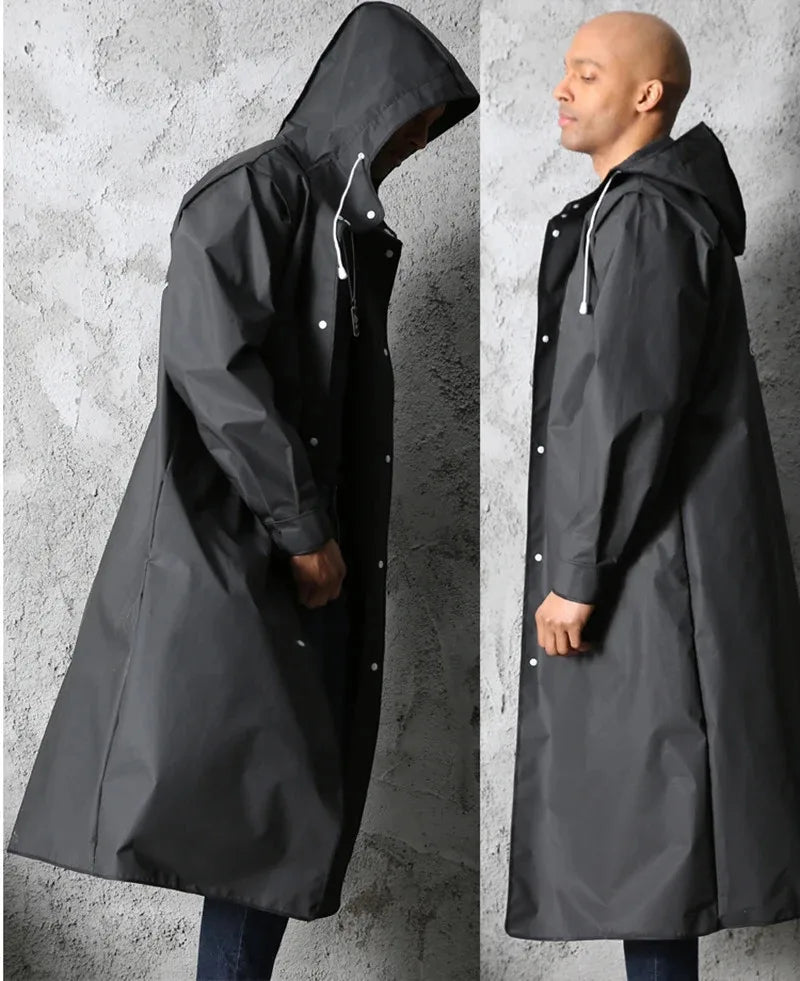 Black Fashion Waterproof Hooded Raincoat Thickened Rain Poncho for Outdoor Hiking Fishing Travel - Unisex