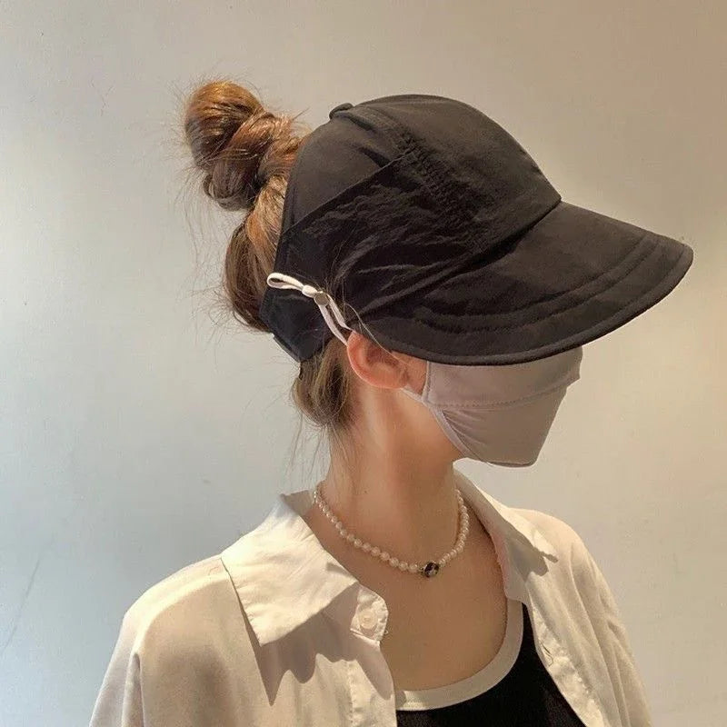 1× Foldable Wide Brim Ponytail Sun Hat Summer Autumn Outgoing UV Protection Bucket Hat for Women Fisherman Caps with Mask Button