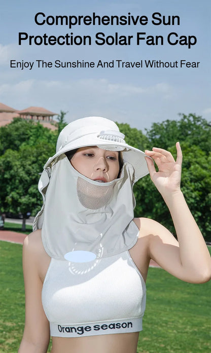 Women Wide Brim Solar Fan Sun Hat Integrated Face Shield Shawl Design UV Protection Fisherman Cap Outdoor Breathable