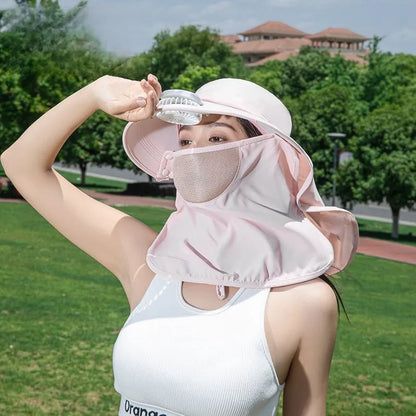 Women Wide Brim Solar Fan Sun Hat Integrated Face Shield Shawl Design UV Protection Fisherman Cap Outdoor Breathable