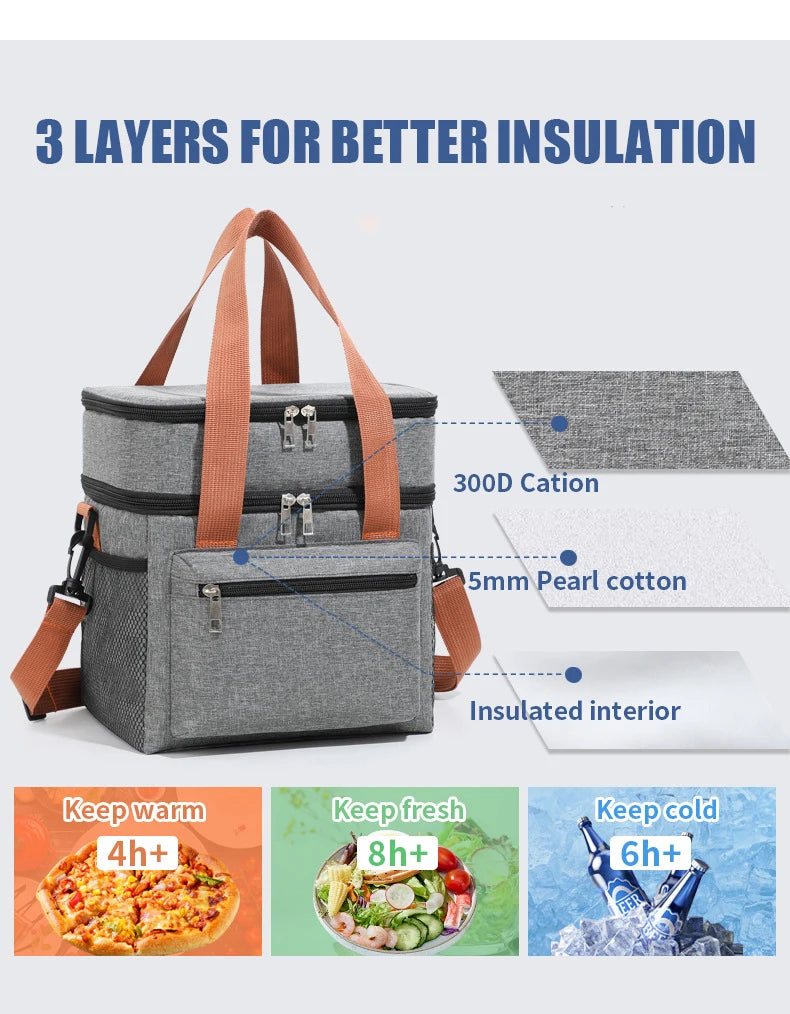Thermal Lunch Bag Double Layers Large Capacity Lunch Boxes Bags Portable Crossbody Picnic Food Drink Storage Bag Cooler Tote New