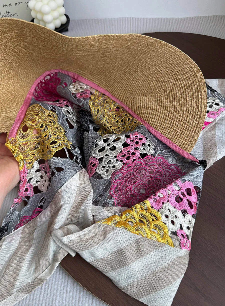 Japan Customize Women UV Paper Straw Sun Hat Hollow Lace Embroidered Headscarf Wide Brim Beach Visor Cap Summer Leisure Travel