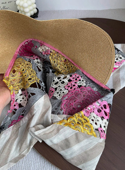 Japan Customize Women UV Paper Straw Sun Hat Hollow Lace Embroidered Headscarf Wide Brim Beach Visor Cap Summer Leisure Travel