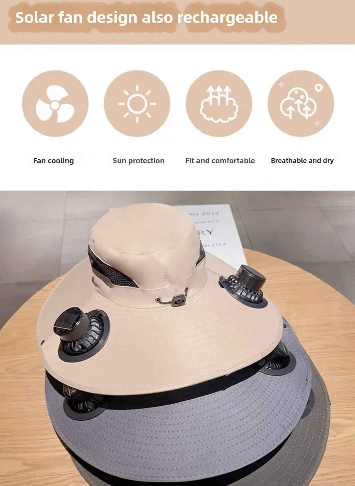 Outdoor Summer Sun Hat With 2 Fan Large Brim Windproof Strap Solar Or USB Charging Anti UV Sun Fishing Cap