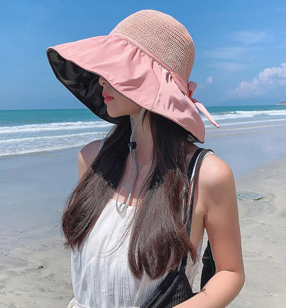 Summer Sun hat women's straw woven anti ultraviolet 2025 with big brim seaside black glue breathable Bucket hat umbrella hat
