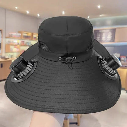 Outdoor Summer Sun Hat With 2 Fan Large Brim Windproof Strap Solar Or USB Charging Anti UV Sun Fishing Cap