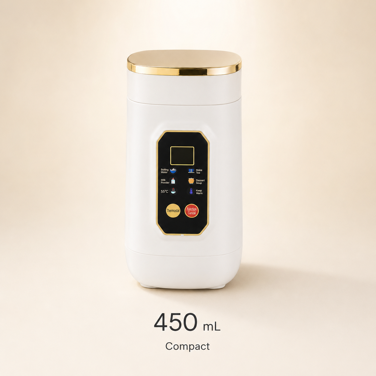 A compact white electric kettle with a gold-trimmed lid and a black control panel on the front, shown against a warm beige background with '450 mL Compact' text below.