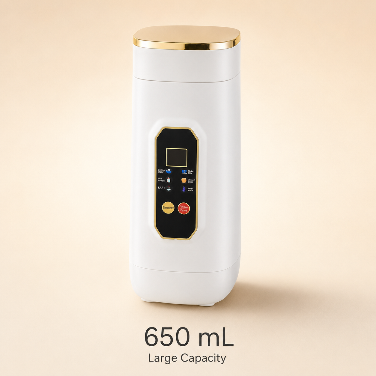 A white cylindrical electric kettle or hot water dispenser with a gold-rimmed lid and a black front control panel, shown on a warm beige background with the text '650 mL Large Capacity' below.