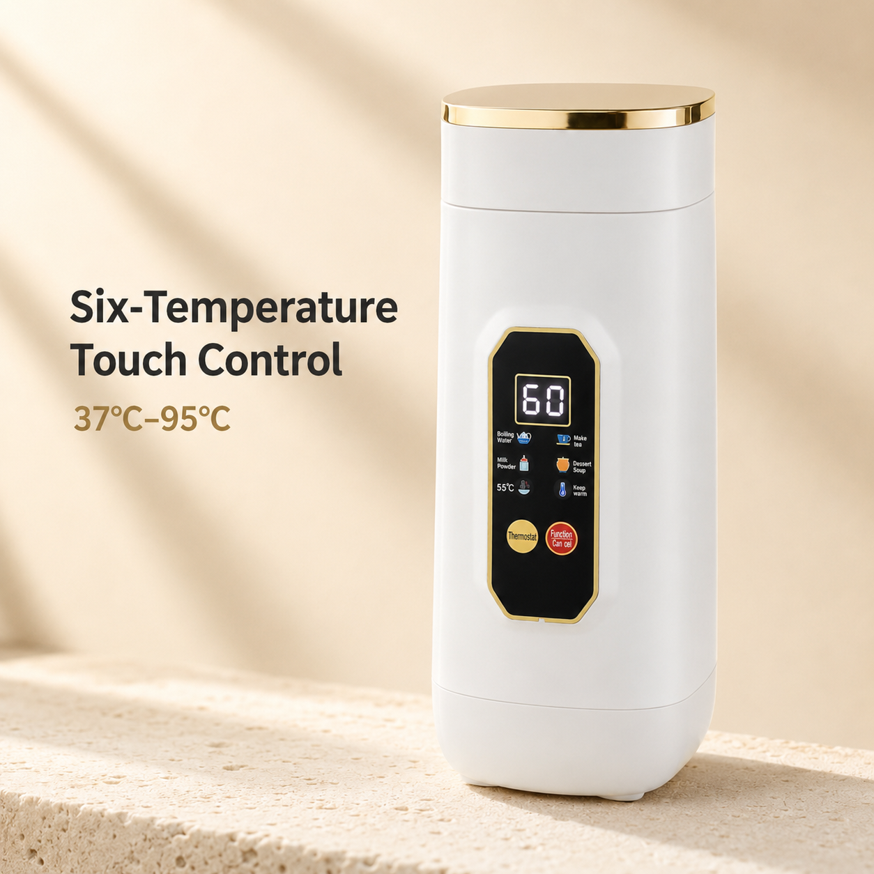 A white cylindrical electric heating pad or water heater with a gold-trimmed lid and a touch control display panel, shown on a light stone surface with warm sunlight shadows. Text on the left reads 'Six-Temperature Touch Control' and '37°C-95°C'.