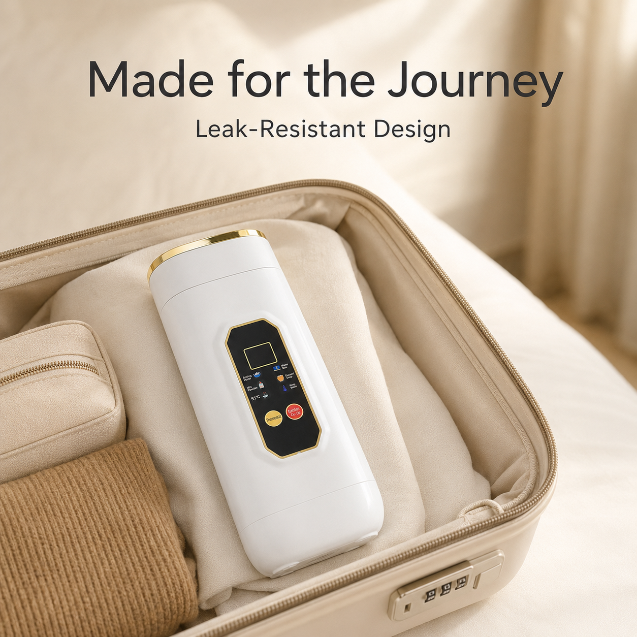 A white travel bottle with a black digital control panel and gold trim, shown inside an open beige suitcase. Text at the top reads 'Made for the Journey' and 'Leak-Resistant Design'.