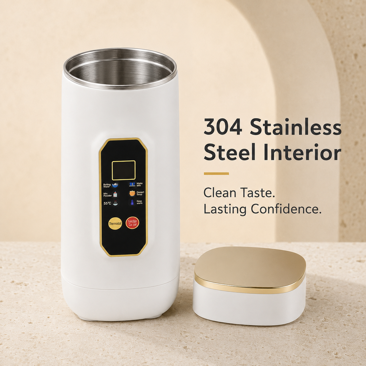 A white insulated travel mug with a stainless steel interior and a black control panel, shown next to its matching lid on a beige surface. Text on the right reads '304 Stainless Steel Interior' and 'Clean Taste.