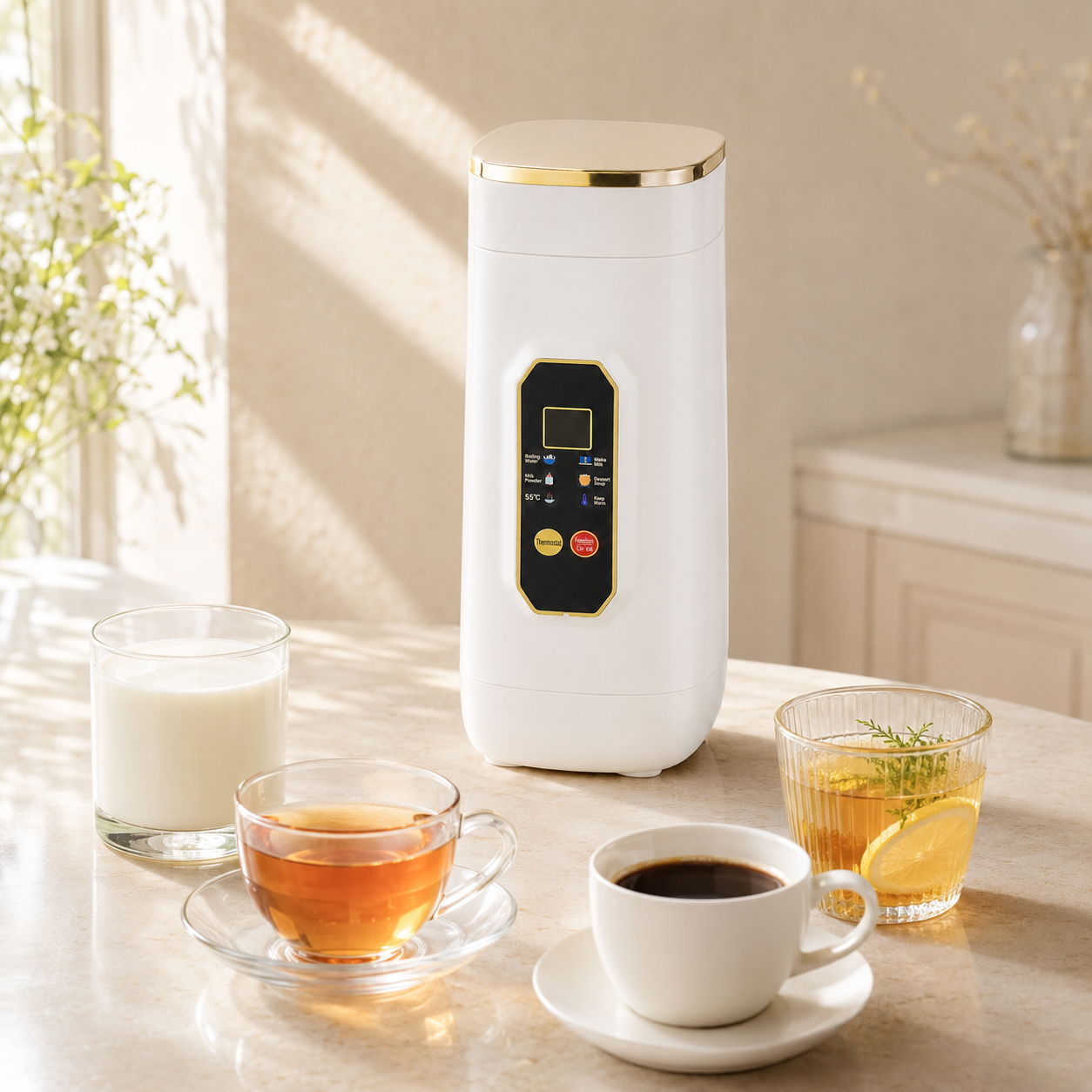 A white electric tea maker with a gold-trimmed lid and a black control panel stands on a light marble countertop. Surrounding it are cups and glasses containing black coffee, tea, milk, and a yellow beverage with a lemon slice, set in a bright, sunlit kitchen environment.