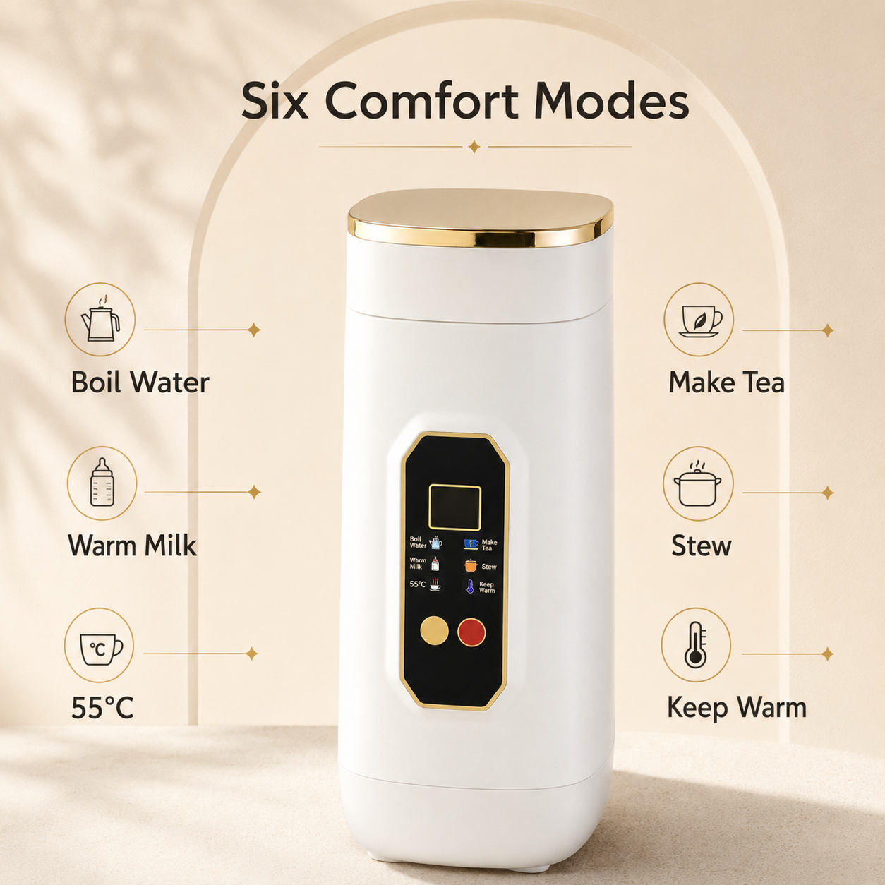 A white electric kettle with a gold-rimmed lid and a black control panel featuring gold accents, shown with the text 'Six Comfort Modes' and icons for boiling water, making tea, warming milk, stewing, 55°C, and keeping warm.