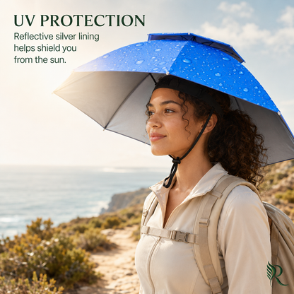 A woman outdoors on a beach path wearing a blue reflective sun shield umbrella with silver lining. Text on the left reads 'UV PROTECTION Reflective silver lining helps shield you from the sun.