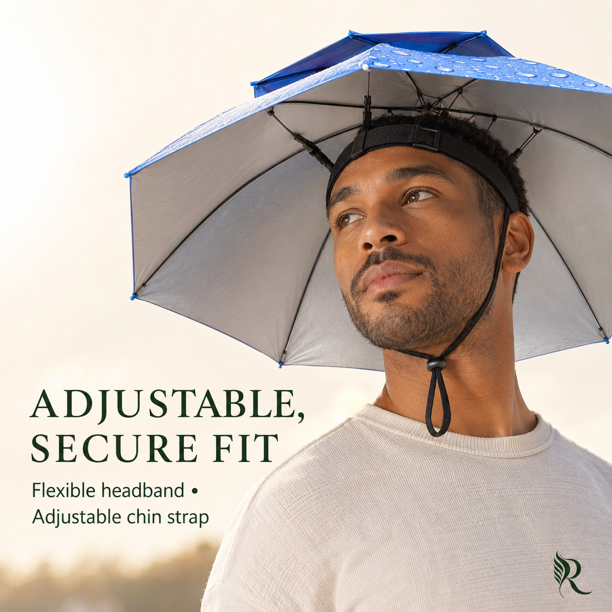 A man wearing a blue and silver adjustable rain umbrella hat with a black headband and chin strap, shown against a bright outdoor background with text reading 'ADJUSTABLE, SECURE FIT'.