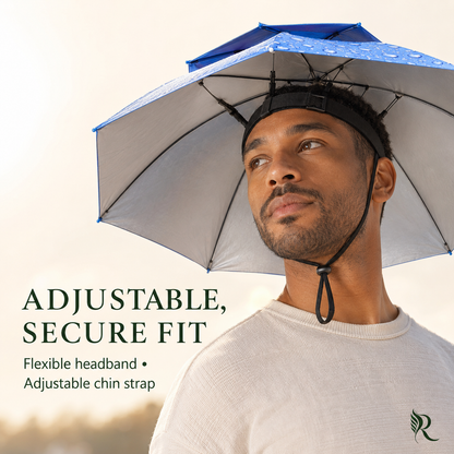 A man wearing a blue and silver adjustable rain umbrella hat with a black headband and chin strap, shown against a bright outdoor background with text reading 'ADJUSTABLE, SECURE FIT'.