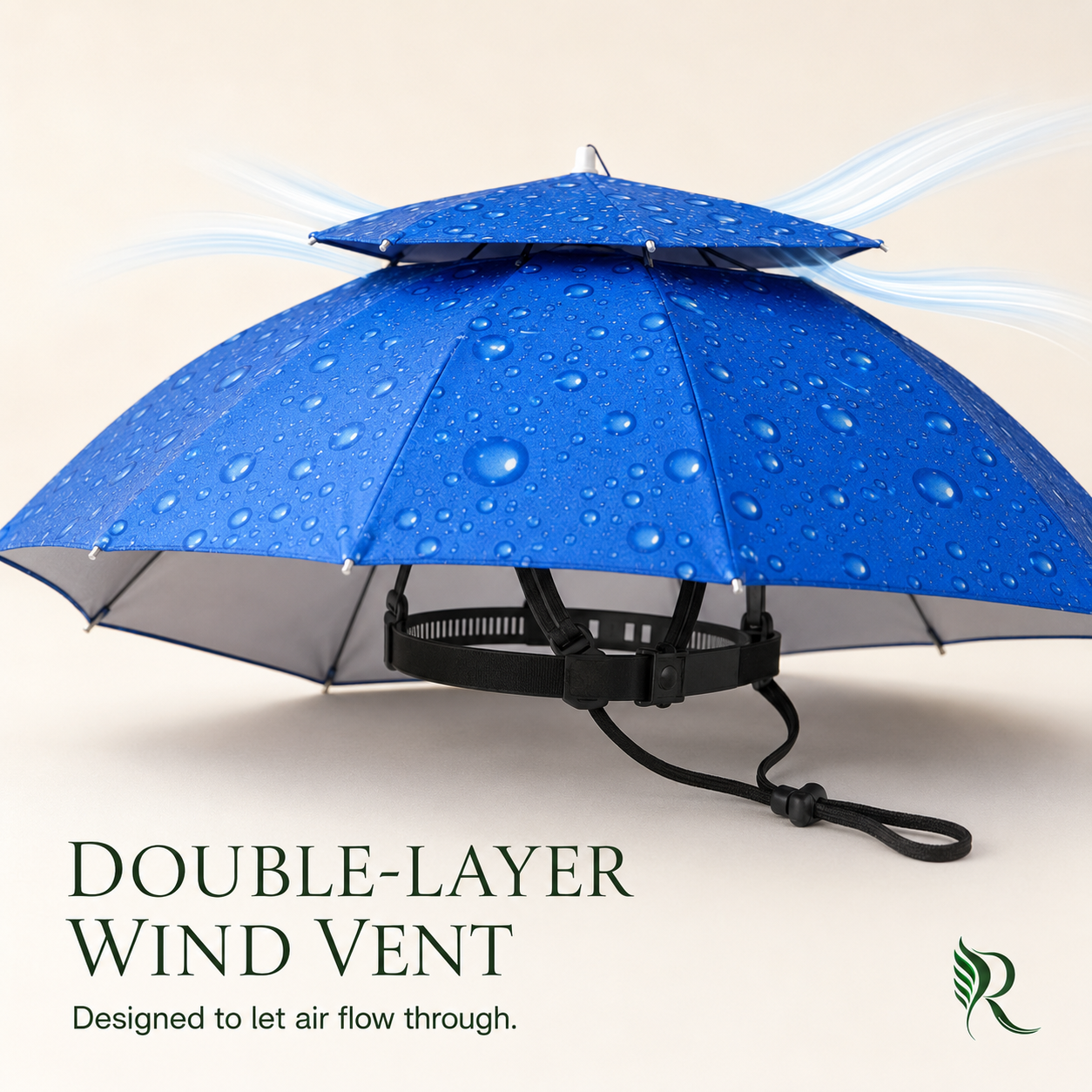 A blue double-layer umbrella with water droplets and text reading 'DOUBLE-LAYER WIND VENT' on a light beige background, with a small green leaf logo in the lower right.