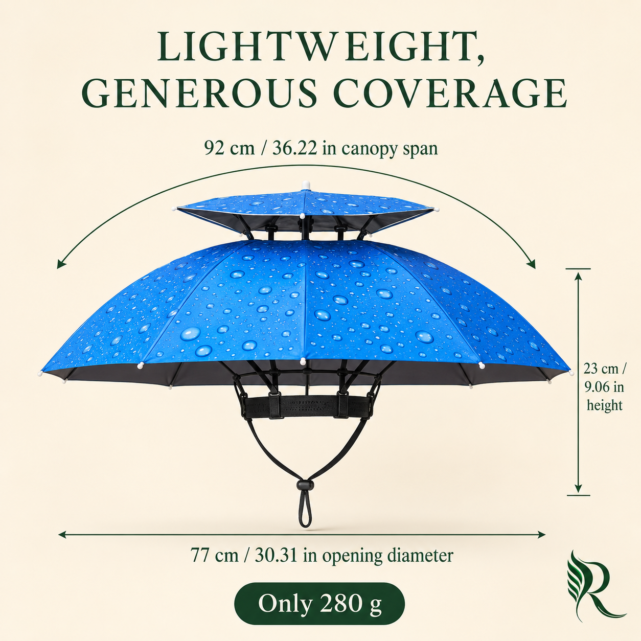 Blue double-tier umbrella with water droplets shown with measurement callouts and marketing text on a beige background.