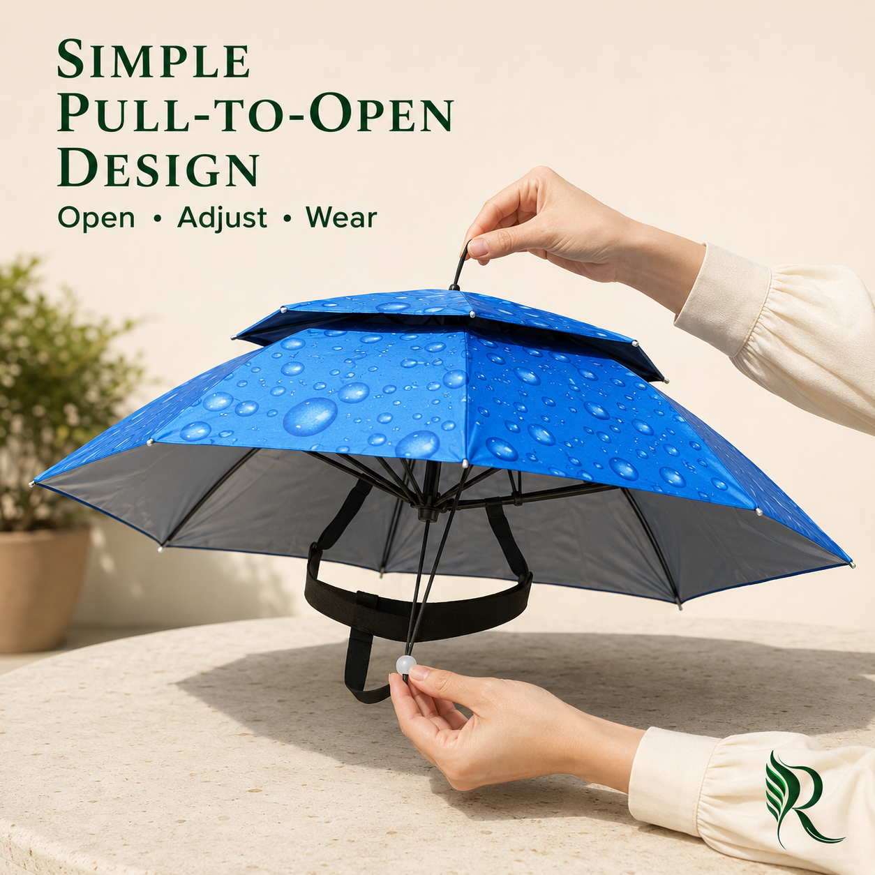 A blue pull-to-open umbrella with a water droplet pattern, being opened by two hands over a stone table. Text on the top left reads 'SIMPLE PULL-TO-OPEN DESIGN' with 'Open • Adjust • Wear'.