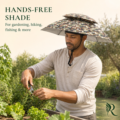 A man wearing a camouflage-patterned hands-free shade hat while gardening in a garden. The text on the left reads 'HANDS-FREE SHADE For gardening, hiking, fishing & more'.