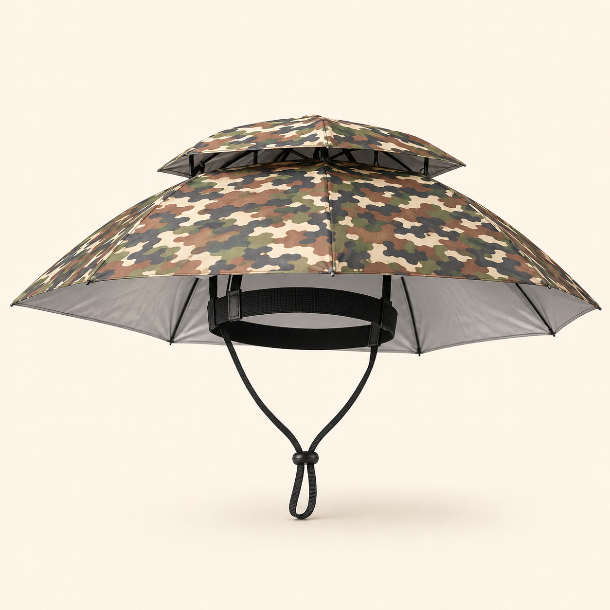 A double-tiered umbrella with a camouflage pattern on the outer canopy and a gray reflective inner lining, shown against a solid light beige background.