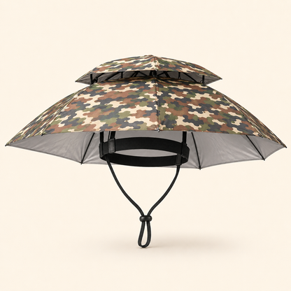 A double-tiered umbrella with a camouflage pattern on the outer canopy and a gray reflective inner lining, shown against a solid light beige background.