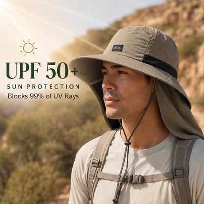 A man wearing a wide-brimmed beige sun hat with a neck flap and chin cord stands outdoors in a sunlit desert landscape. Text on the left reads 'UPF 50+ SUN PROTECTION Blocks 99% of UV Rays' with a sun icon.