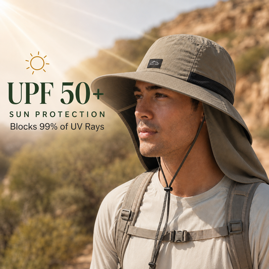 A man wearing a wide-brimmed beige sun hat with a neck flap and chin cord stands outdoors in a sunlit desert landscape. Text on the left reads 'UPF 50+ SUN PROTECTION Blocks 99% of UV Rays' with a sun icon.