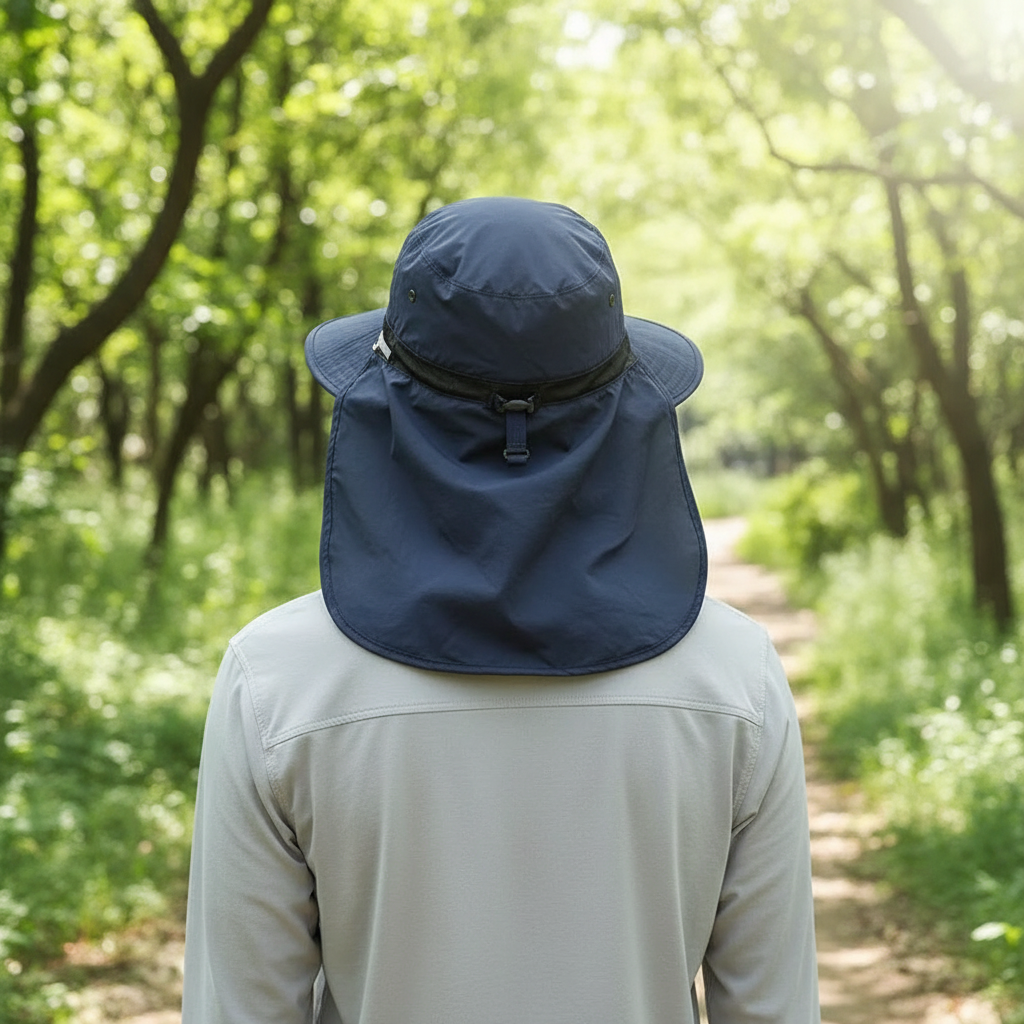 A person viewed from behind wearing a navy blue wide-brim sun hat with an attached neck shield, standing on a sunlit forest path.
