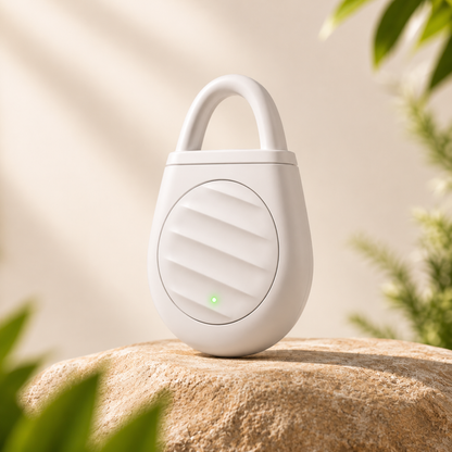 White smart lock on a rock with a blurred natural background