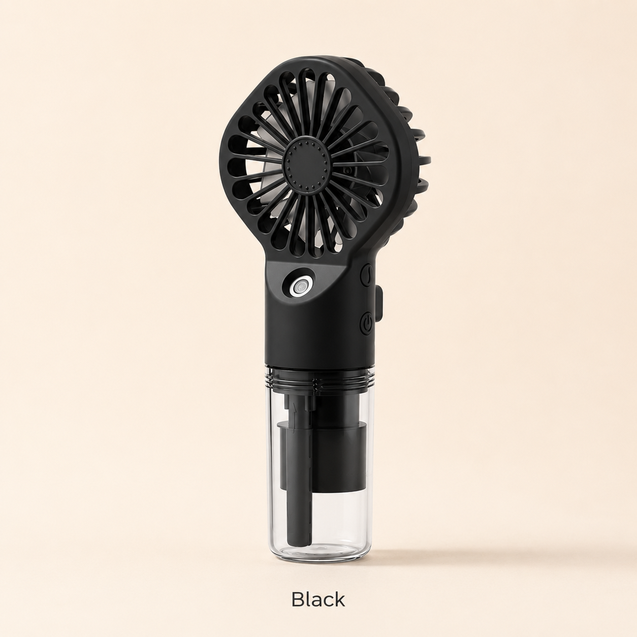 A handheld electric fan with a transparent water bottle base, shown in solid black against a light beige background. The word 'Black' is printed below the product.