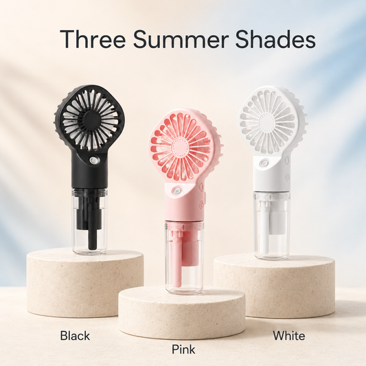 Three handheld cooling fans in black, pink, and white are displayed on round pedestals with the text 'Three Summer Shades' above and color labels 'Black', 'Pink', and 'White' below.