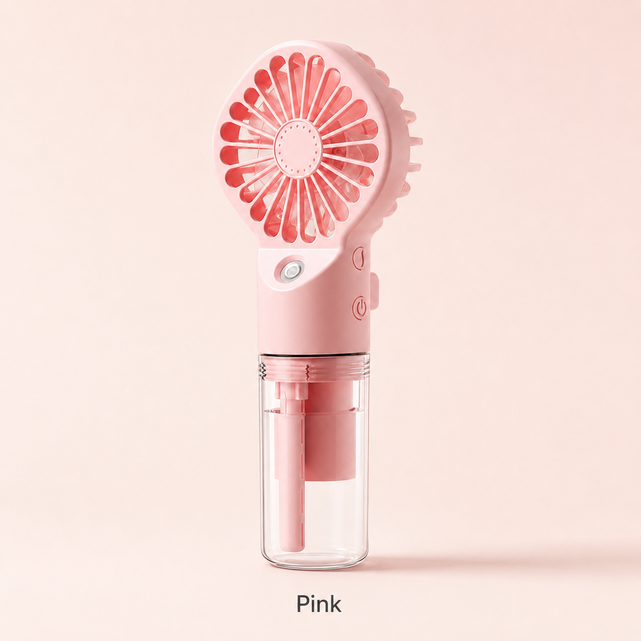 A pink handheld electric fan with a clear water reservoir, shown against a solid pale pink background with the word 'Pink' below it.