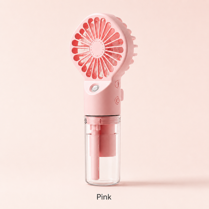 A pink handheld electric fan with a clear water reservoir, shown against a solid pale pink background with the word 'Pink' below it.