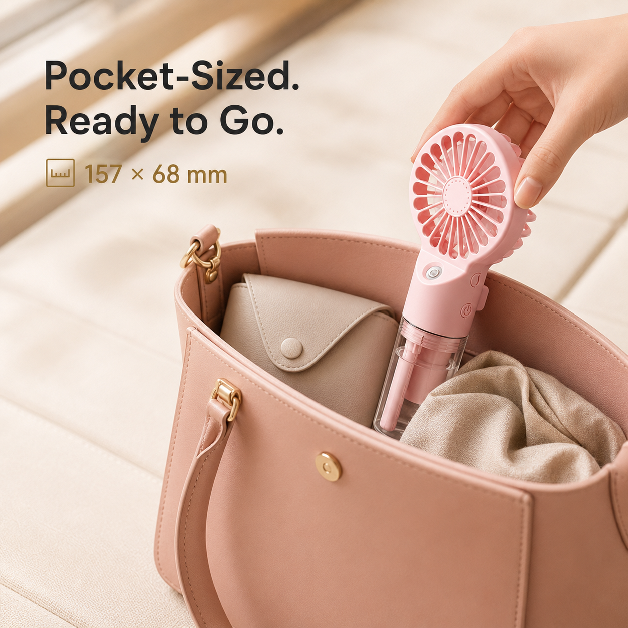 A pink pocket-sized handheld fan is shown being placed into a blush pink handbag, with a hand holding the fan. Text on the image reads 'Pocket-Sized.