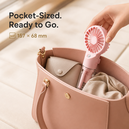 A pink pocket-sized handheld fan is shown being placed into a blush pink handbag, with a hand holding the fan. Text on the image reads 'Pocket-Sized.