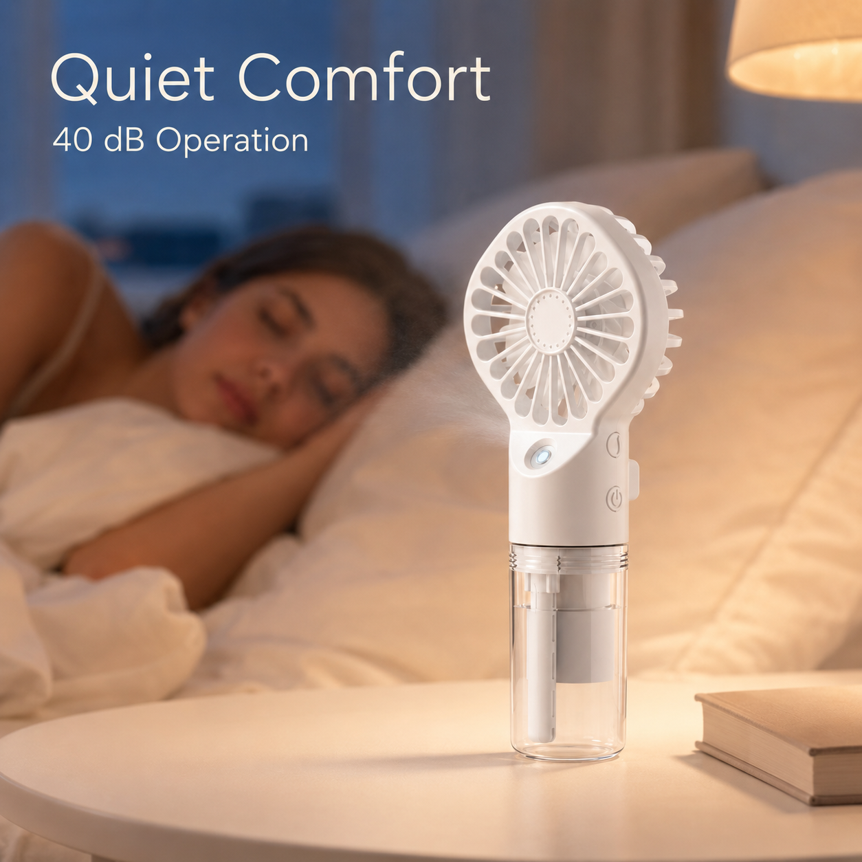 A small white handheld fan with a clear water reservoir sits on a bedside table in a softly lit bedroom, with a sleeping woman in bed in the background. Text on the image reads 'Quiet Comfort' and '40 dB Operation'.