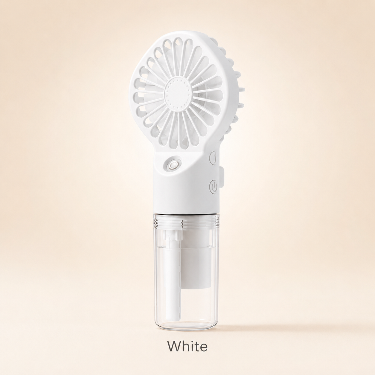 A white handheld mini fan with a clear water reservoir, shown on a soft beige background with the text 'White' underneath.
