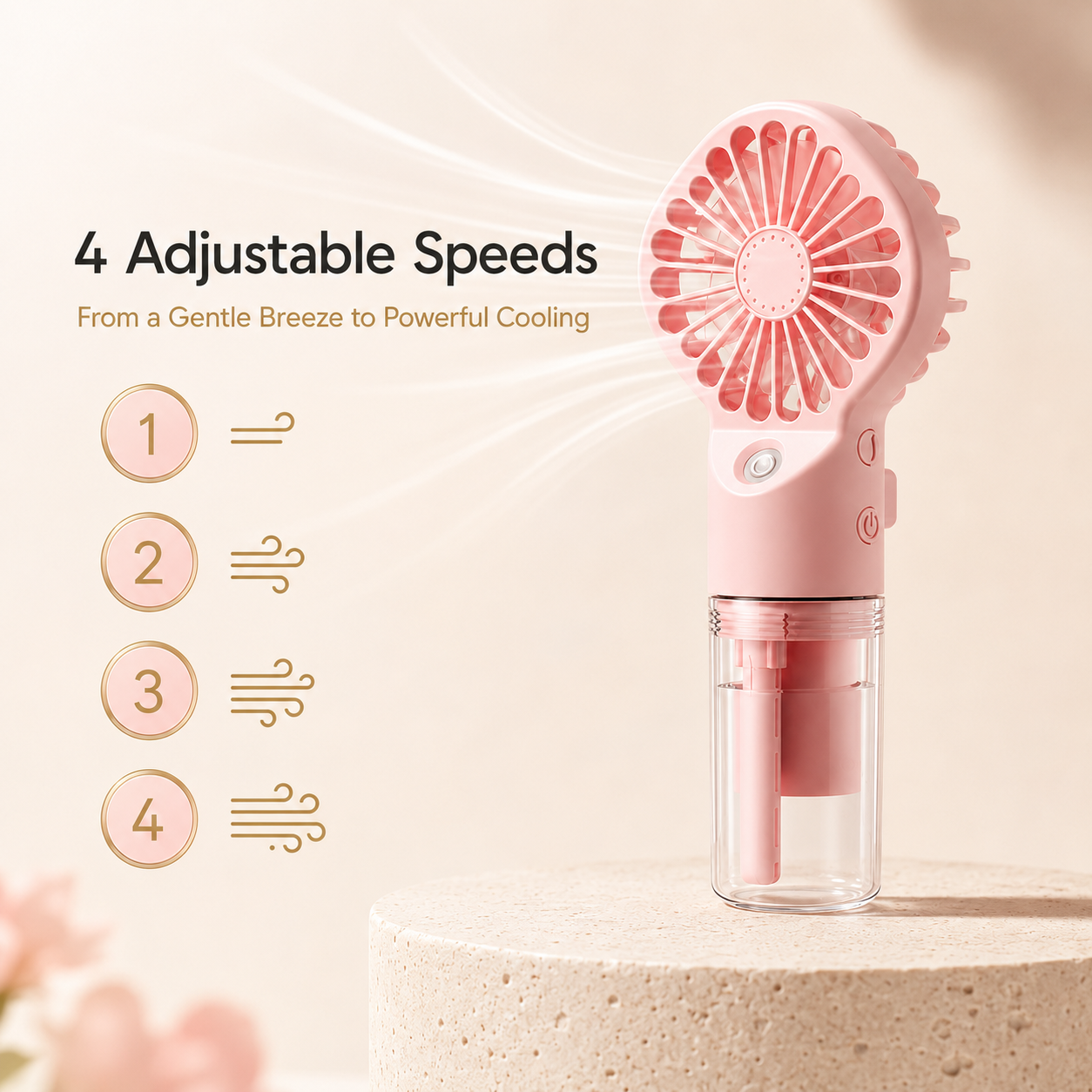 Pink portable handheld fan with a clear water reservoir and four adjustable speed settings, shown on a beige pedestal with promotional text.