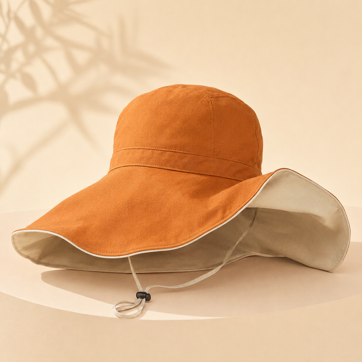 A wide-brimmed sun hat in warm rust orange with a light beige underside and chin cord, displayed on a matching beige surface against a soft beige background with leaf shadows.